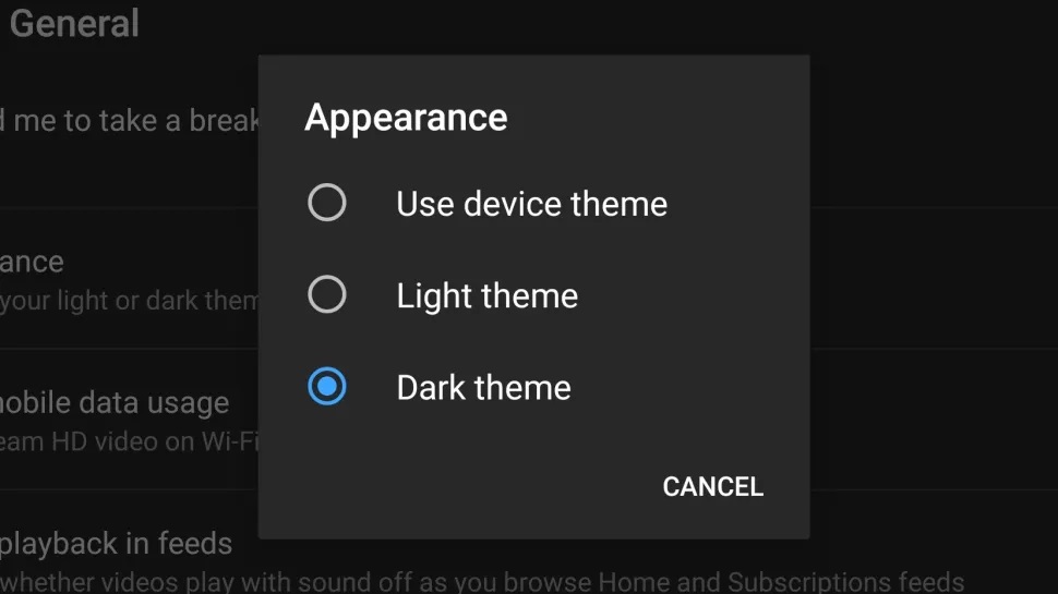 Android için YouTube karanlık modu