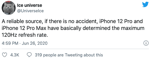 Ice Universe attığı tweet'e göre, <a href='/iphone-12/'>iPhone 12</a> serisi 120 Hz yenileme hızına sahip olacak.