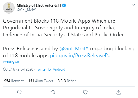 Hindistan Elektronik ve Bilgi Teknolojileri Bakanlığı şimdi Çin uygulamalarını hızla yasaklıyor. 